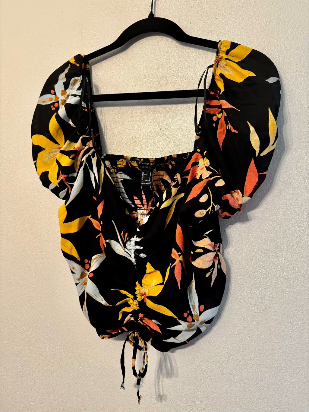 Forever 21 Black Tropical Puff-Sleeve Crop Top With Yellow & Orange Accents